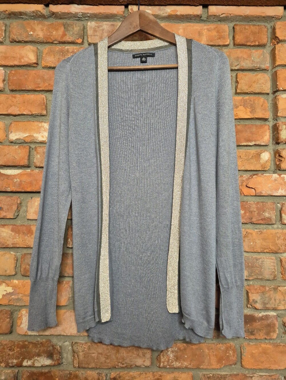Banana Republic Metallic Trim Open Front Cardigan Smoky Blue Wool Blend Medium